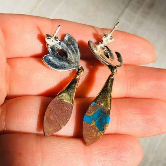 SOLD Basalt Turquoise & Garnet 925 Earrings - Picture 3 of 5